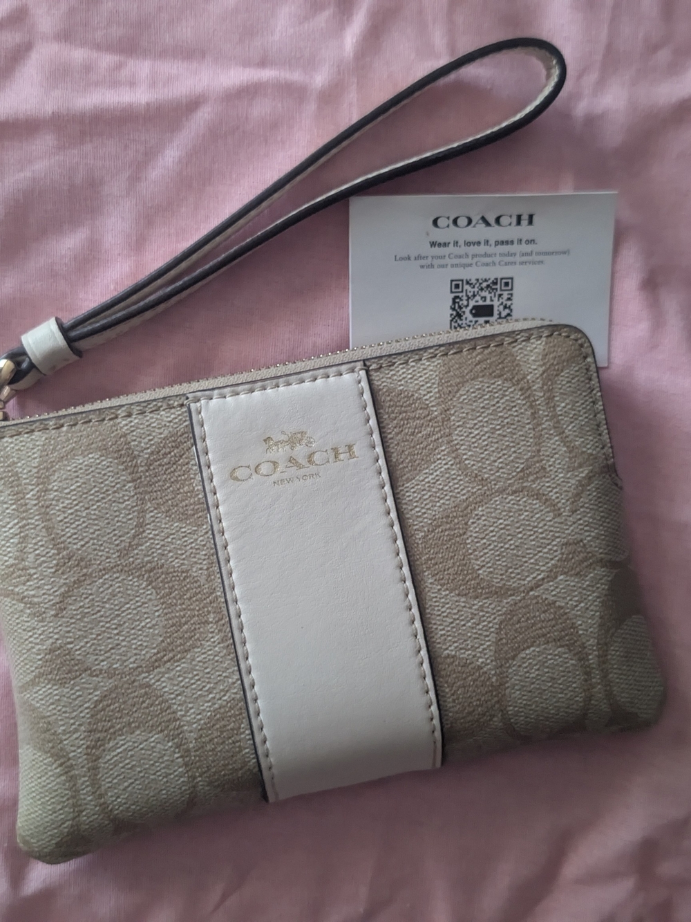 Coach Beige and White Signature Canvas Wristlet with Gold Logo